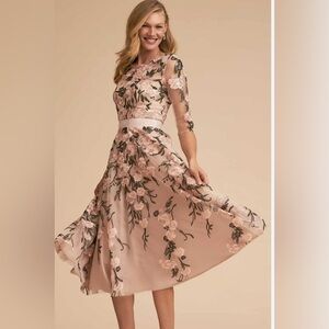 Embroidered Garden Party Outdoor Wedding Bridesmaid Floral Midi Tea Length Dress